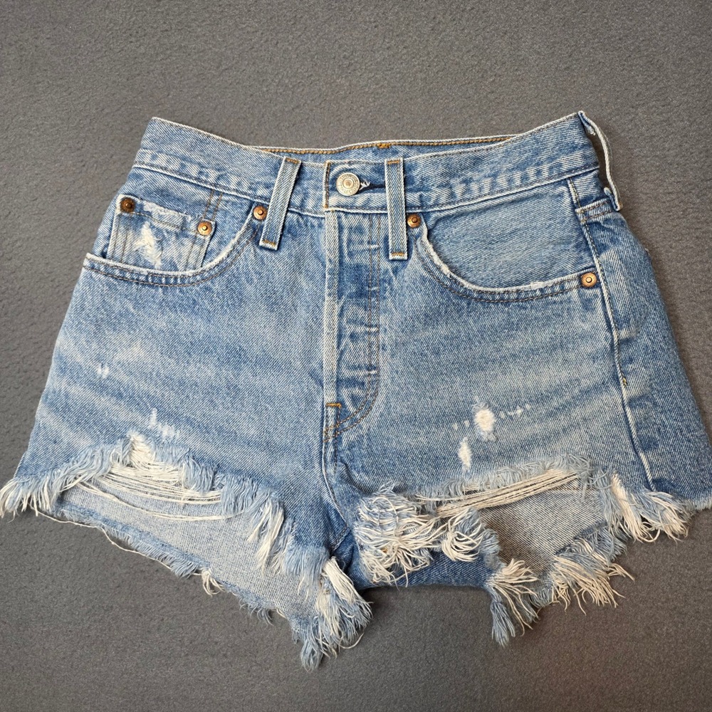 Levi Premium 501 Original Shorts Women 24 Blue Distressed High Rise Cut Off